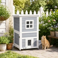 PawHut Cuccia per Gatti in Legno Impermeabile a 2 Piani con Tetto Apribile, 51x51x81.3cm, Grigio(m-6)