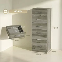HOMCOM Cómoda de 6 Cajones Cajonera Alta para Dormitorio con Antivuelco 40x40x110 cm Gris Claro(m-3)