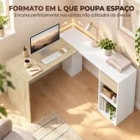 HOMCOM Secretária de Canto em L 120x110 cm com Gaveta e 2 Prateleiras, Branco e Natural(m-4)