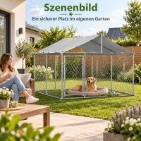 Outdoor-Hundeauslauf mit Dach, Hundezwinger 230 x 230 x 117 cm, 32-mm verzinkter Stahl, abschließbare Tür, Erdanker, Silber(m-2)