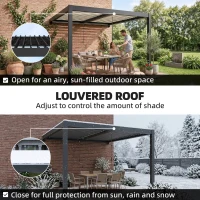 Outsunny 3 x 3 m Louvered Pergola with LED Lights, Metal Louvres, Wall Mounted Aluminium Patio Gazebo Pergola, Dark Grey(m-5)