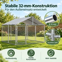 Outdoor-Hundeauslauf mit Dach, Hundezwinger 230 x 230 x 117 cm, 32-mm verzinkter Stahl, abschließbare Tür, Erdanker, Silber(m-5)
