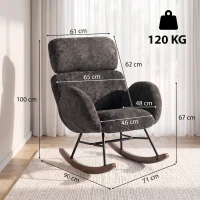 HOMCOM Silla Mecedora de Terciopelo con Reposacabezas Ajustable Acolchado Grueso Patas de Madera Reposabrazos Gris Oscuro(m-3)