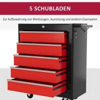 HOMCOM gereedschapskist, gereedschapskast, verrijdbaar, 5 lades, plaatstaal, zwart/rood(m-4)