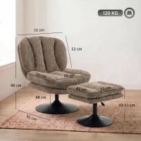 HOMCOM Poltrona lounge com puff, giratória 360°, em veludo Raindrop, puff com altura ajustável, Castanho(m-3)