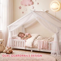 AIYAPLAY Wooden Kids House Single Bed Frame, Solid Pine Wood Toddler Bed with Dual Guardrails for Children, Boys, Girls, White(m-6)