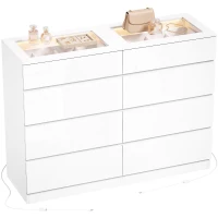 HOMCOM Comodă cu 8 Sertare cu 2 Sertare pentru Bijuterii Blat din Sticlă Securizată Lumini LED și Control Bluetooth Albă(m-7)