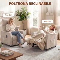 HOMCOM Poltrona Massaggiante e Reclinabile a 160° con Poggiapiedi e Telecomando, 69x93x104 cm, Effetto Lino Bianco Crema(m-5)