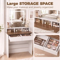 HOMCOM Vanity Table, Dressing Table with Mirror, LED Lights, 2 Drawers, 3 Compartments, 3 Colour Lighting, Walnut(m-5)