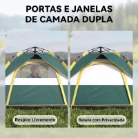 Outsunny Tenda de Campismo para 2-3 Pessoas Dobrável com 3 Janelas Bolsa de Transporte e Abertura Automática 205x195x135 cm Verde(m-5)