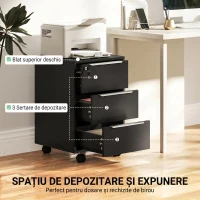HOMCOM Fișet de Birou cu 3 Sertare, 4 Roți, Casetieră cu Încuietoare și 2 Chei, Negru(m-4)