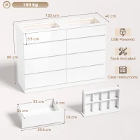 HOMCOM Comodă cu 8 Sertare cu 2 Sertare pentru Bijuterii Blat din Sticlă Securizată Lumini LED și Control Bluetooth Albă(m-3)