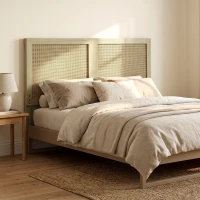 HOMCOM Cabeceira de Madeira com Efeito Rattan, Design Boho, para Quarto, 140 x 4 x 87 cm, Carvalho(m-2)