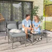 Outsunny 3 Piece Rattan Garden Furniture Corner Sofa Set with Chaise Lounge, Loveseat, Glass Coffee Table, Cushions, Dark Grey(m-2)