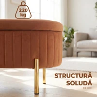 HOMCOM Banchetă Ovală cu Depozitare 72 L, cu Capac Rabatabil, din Material Catifelat și Lemn, 108x44x43,5 cm, Maro Auriu(m-7)