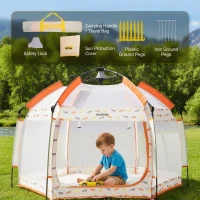 Pop-Up Baby Playpen with Removable Canopy, Portable Six-Sided Play Yard with Breathable Mesh for Outdoor, 150L x 150W x 105H cm, Beige(m-5)