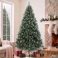 HOMCOM Árvore de Natal Artificial 180 cm com 802 Pontas Efeito Nevado, 59 Pinhas e Base Metálica Dobrável Verde e Branco(m-10)