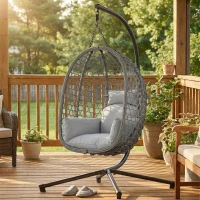 Outsunny Hanging Egg Chair, Indoor Outdoor Rattan Hammock Swing Chair with Stand, Safety Strap, Foldable Basket, Dark Grey(m-14)