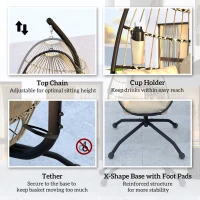Outsunny Hanging Egg Chair Outdoor Indoor Garden Swing Chair with Folding Basket and Thickened Cushion, Garden Hanging Chair with Stand, Headrest, Cup Holder for Patio, Balcony, Khaki(m-7)