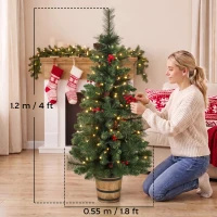 HOMCOM 2 PCs Prelit Christmas Trees with Dual-Colour LEDs, Berry, Pinecones, Battery-Operated, 11 Modes, Pot, Remote, 4ft(m-3)