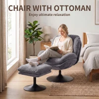 HOMCOM Modern Chenille Lazy Chair with Ottoman, 360° Swivel, Upholstered Reading Seat Set for Living Room, Dark Grey(m-4)