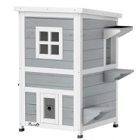 PawHut Cuccia per Gatti in Legno Impermeabile a 2 Piani con Tetto Apribile, 51x51x81.3cm, Grigio(m-1)