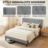 HOMCOM Cadre de Lit 140 x 190 cm avec Sommier, Lit Double Rembourré en Lin, Tête Capitonnée, Support à 10 Lattes, Gris(m-5)