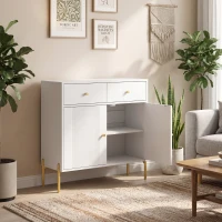 HOMCOM Bufet pentru living, mobilier de depozitare cu 2 uși, 2 sertare, rafturi reglabile și picioare metalice, 80 x 39 x 86 cm, Alb(m-2)