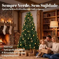HOMCOM Árvore de Natal Decorativa 230 cm com 296 LED 1405 Ramos Ignífugos Estrela 42 Bolas 30 Laços e Decoração Dourada Verde(m-4)
