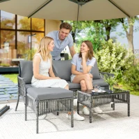 Outsunny 3 Piece Rattan Garden Furniture Corner Sofa Set with Chaise Lounge, Loveseat, Glass Coffee Table, Cushions, Dark Grey(m-10)