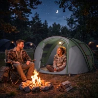 Outsunny 3 Person Pop-up Camping Tent, Family Dome Tent with Ground Sheet, 4 Windows and Portable Carry Bag for Beach Outdoor Trip, Dark Green(m-10)