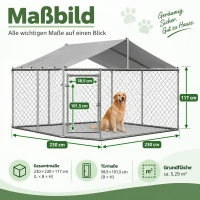 Outdoor-Hundeauslauf mit Dach, Hundezwinger 230 x 230 x 117 cm, 32-mm verzinkter Stahl, abschließbare Tür, Erdanker, Silber(m-3)