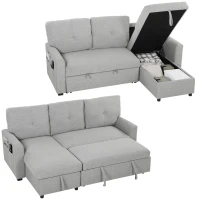 HOMCOM Canapea extensibilă 3 locuri cu șezlong convertibil, spațiu de depozitare, 3 perne, material cu efect de in, gri(m-11)