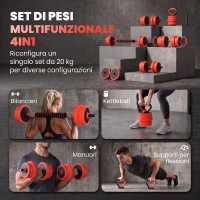 SPORTNOW Set Pesi da Palestra 4 in 1 da 20kg, Convertibile in Kettlebell, 2 Manubri, Bilanciere e Supporto Flessioni, Rosso(m-4)