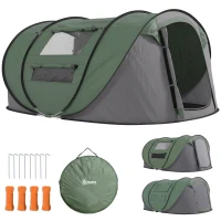 Outsunny Tenda da Campeggio Pop Up 3 Posti con 2 Porte, 4 Finestre e Telo Resistente all'acqua, 263.5x220x123 cm, Verde Scuro(m-1)
