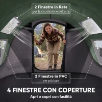 Outsunny Tenda da Campeggio Pop Up 3 Posti con 2 Porte, 4 Finestre e Telo Resistente all'acqua, 263.5x220x123 cm, Verde Scuro(m-5)