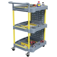 HOMCOM Carrinho de Ferramentas 3 Prateleiras com Painel Perfurado, Ganchos, Rodas com Freio e Alça, Cinza e Amarelo(m-7)