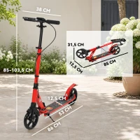 SPORTNOW Klappbarer Aluminium-Roller, verstellbarer Lenker, doppelte Hand-/Fußbremsen, 18 cm PU-Räder, 86x38x103,5 cm, Rot(m-3)