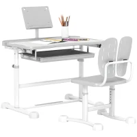AIYAPLAY Bureau enfant avec chaise réglable en hauteur, plateau incliné 45°, tiroir et support de livre, gris(m-11)