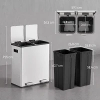 HOMCOM Poubelle à Double Compartiment 2 x 30 L, Poubelle de Cuisine à Pédale en Acier Inoxydable, Argenté(m-3)