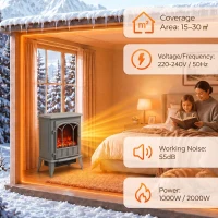 HOMCOM Freestanding Electric Fireplace, Electric Log Burner with LED Flame Effect, Overheating Safety System, 1000W/2000W Grey(m-6)