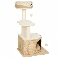 PawHut Kratzbaum Modernes Design Geflochtenes Styling mit Kratzstamm 4 Ebenen Schilf‑Nische Jute‑Liege 87 cm Beige(m-7)