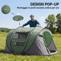 Outsunny Tenda da Campeggio Pop Up 3 Posti con 2 Porte, 4 Finestre e Telo Resistente all'acqua, 263.5x220x123 cm, Verde Scuro(m-4)