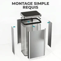 HOMCOM Poubelle à Capteur de 50L, Couvercle à Fermeture en Douceur, Poubelle de Cuisine Automatique Acier Inoxydable, Argenté(m-5)