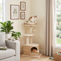 PawHut Kratzbaum Modernes Design Geflochtenes Styling mit Kratzstamm 4 Ebenen Schilf‑Nische Jute‑Liege 87 cm Beige(m-5)