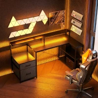 HOMCOM Bureau Gaming d'Angle 165 x 80 cm, Éclairage LED et Station de Charge, Support pour 2 Écrans et 2 Tiroirs en Tissu, Noir(m-2)