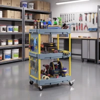 HOMCOM Carrinho de Ferramentas 3 Prateleiras com Painel Perfurado, Ganchos, Rodas com Freio e Alça, Cinza e Amarelo(m-6)