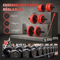 SPORTNOW Kit haltères musculation, haltères réglables 4 en 1, 20 kg, avec disques et barres, équipement de gym à domicile, rouge(m-5)