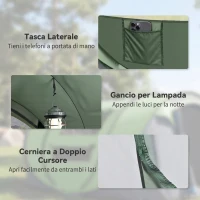 Outsunny Tenda da Campeggio Pop Up 3 Posti con 2 Porte, 4 Finestre e Telo Resistente all'acqua, 263.5x220x123 cm, Verde Scuro(m-7)