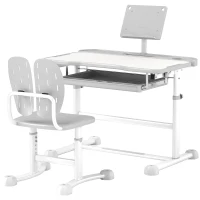 AIYAPLAY Bureau enfant avec chaise réglable en hauteur, plateau incliné 45°, tiroir et support de livre, gris(m-12)